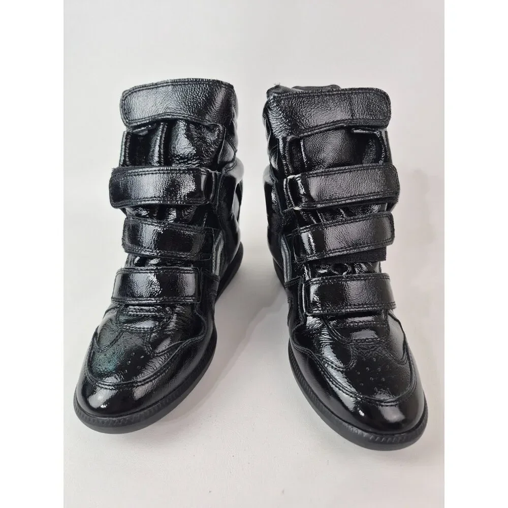 Isabel Marant Black Patent Leather Wedge Sneakers with Silver Accent